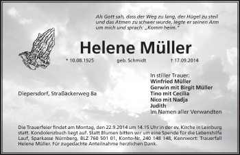 Traueranzeige von Helene Mueller von Pegnitz-Zeitung